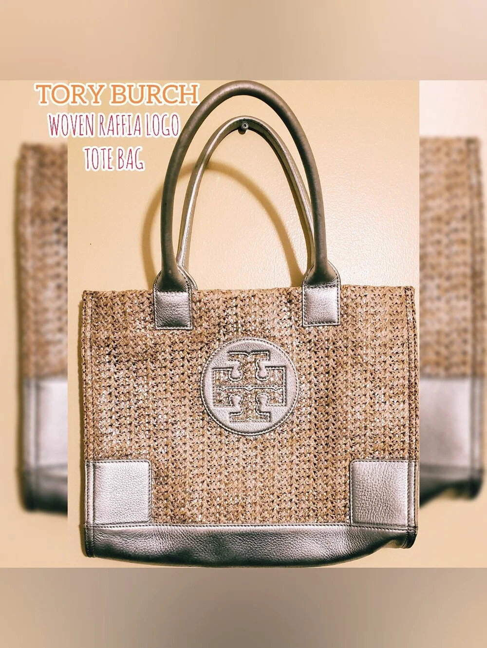Tory Burch Woven Straw Raffia Tote Shoulder Bag Metallic Silver Leather